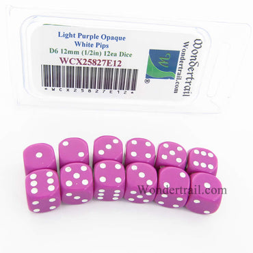 WCX25827E12 Light Purple Dice White Pips D6 12mm (1/2in) Pack of 12 (ONLINE ORDER ONLY)