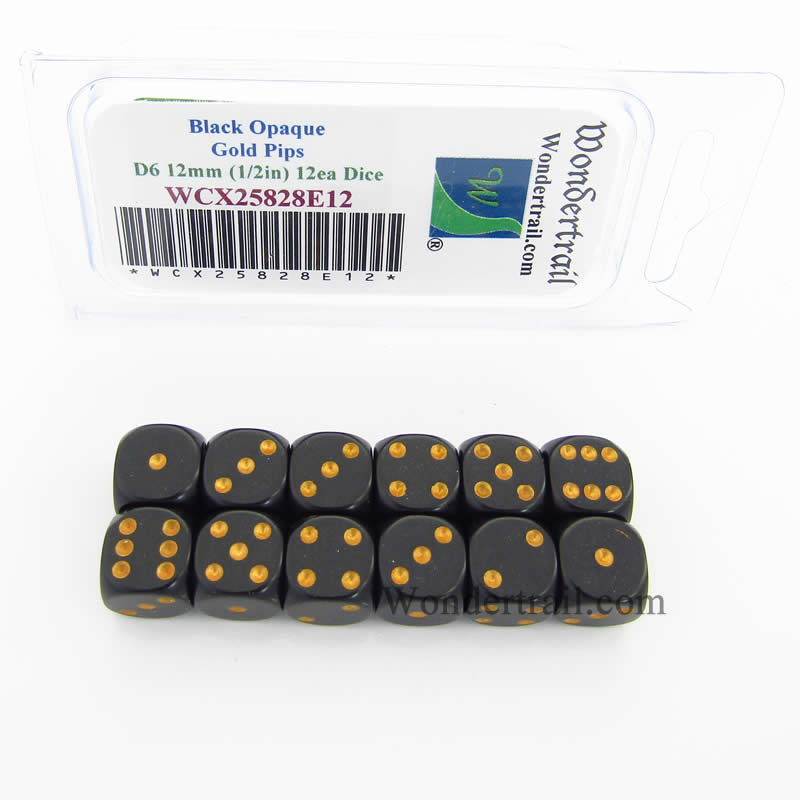 WCX25828E12 Black Dice with Gold Pips D6 12mm (1/2in) Pack of 12 (ONLINE ORDER ONLY)