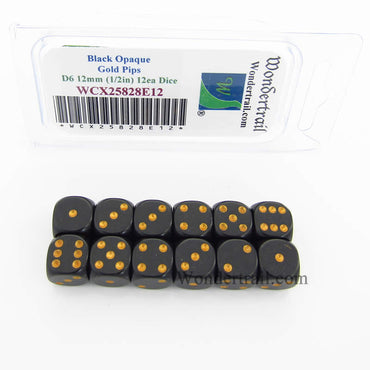 WCX25828E12 Black Dice with Gold Pips D6 12mm (1/2in) Pack of 12 (ONLINE ORDER ONLY)