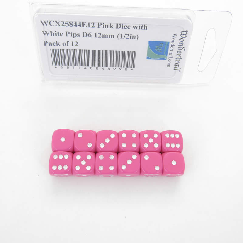 WCX25844E12 Pink Dice with White Pips D6 12mm (1/2in) Pack of 12 (ONLINE ORDER ONLY)