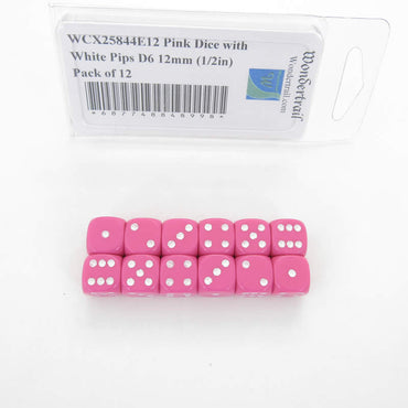 WCX25844E12 Pink Dice with White Pips D6 12mm (1/2in) Pack of 12 (ONLINE ORDER ONLY)