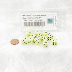 WCX25862E12 Yellow Pastel Dice with Black Pips D6 12mm (1/2in) Pack of 12 (ONLINE ORDER ONLY)