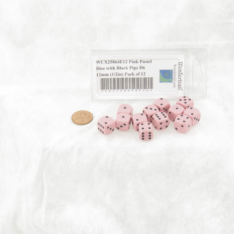 WCX25864E12 Pink Pastel Dice with Black Pips D6 12mm (1/2in) Pack of 12 (ONLINE ORDER ONLY)