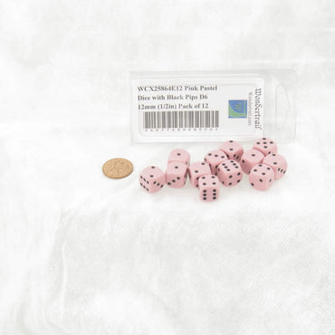WCX25864E12 Pink Pastel Dice with Black Pips D6 12mm (1/2in) Pack of 12 (ONLINE ORDER ONLY)