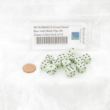 WCX25865E12 Green Pastel Dice with Black Pips D6 12mm (1/2in) Pack of 12 (ONLINE ORDER ONLY)