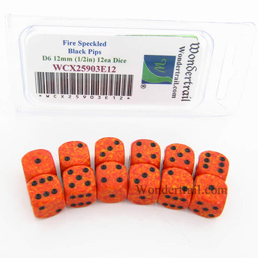 WCX25903E12 Fire Speckled Dice Black Pips D6 12mm Pack of 12 (ONLINE ORDER ONLY)