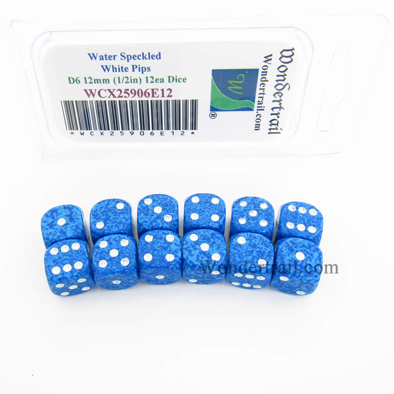 WCX25906E12 Water Speckled Dice White Pips D6 12mm Pack of 12 (ONLINE ORDER ONLY)