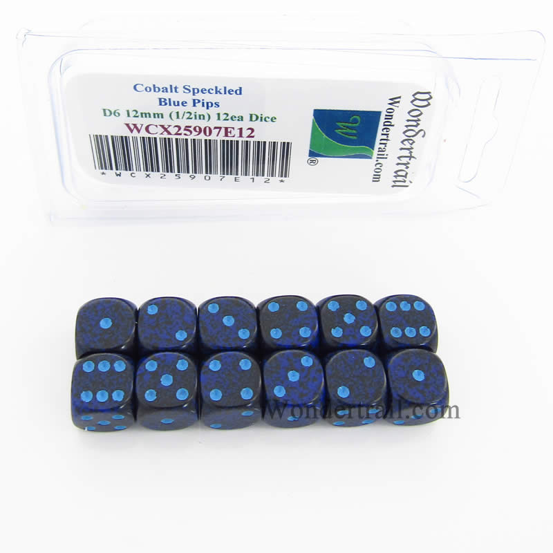 WCX25907E12 Cobalt Speckled Dice Blue Pips D6 12mm Pack of 12 (ONLINE ORDER ONLY)