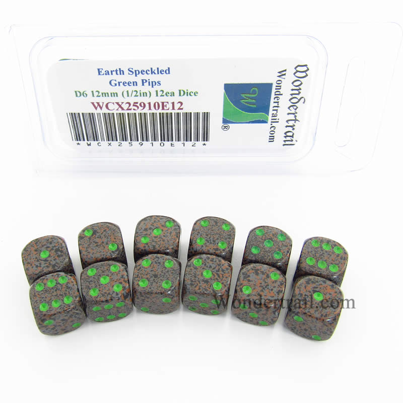 WCX25910E12 Earth Speckled Dice Green Pips D6 12mm Pack of 12 (ONLINE ORDER ONLY)