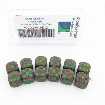 WCX25910E12 Earth Speckled Dice Green Pips D6 12mm Pack of 12 (ONLINE ORDER ONLY)