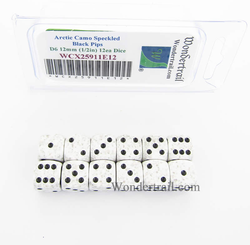 WCX25911E12 Arctic Camo Speckled Dice Black Pips D6 12mm Pack of 12 (ONLINE ORDER ONLY)