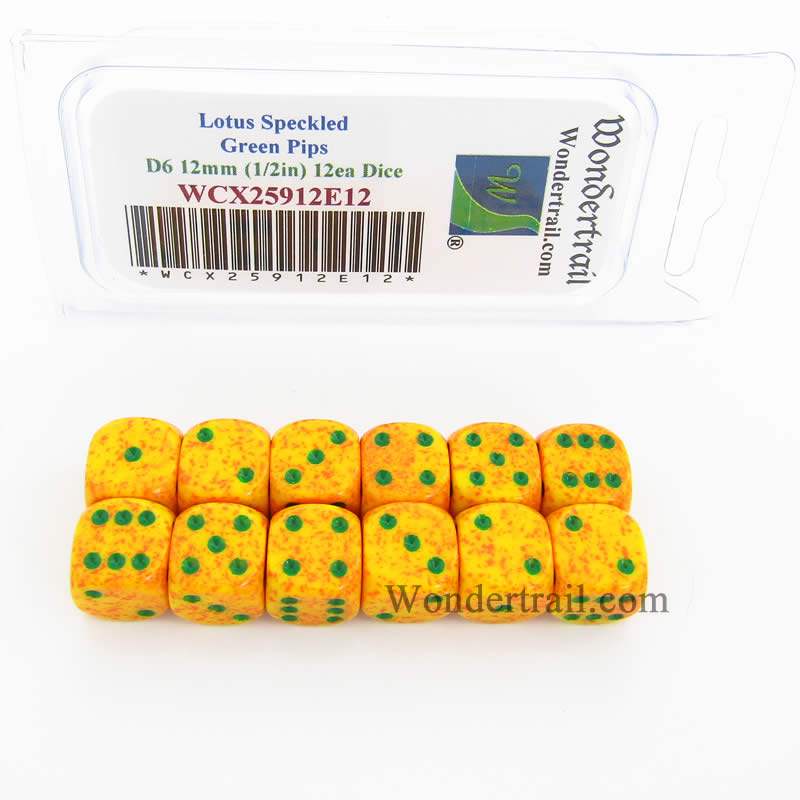 WCX25912E12 Lotus Speckled Dice Green Pips D6 12mm Pack of 12 (ONLINE ORDER ONLY)