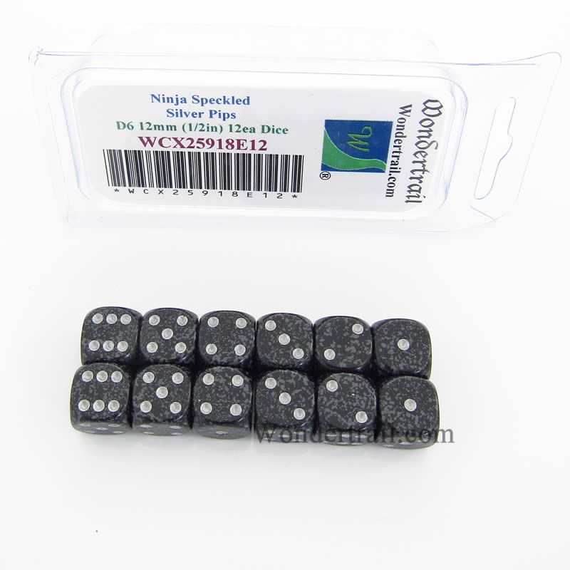 WCX25918E12 Ninja Speckled Dice Silver Pips D6 12mm Pack of 12 (ONLINE ORDER ONLY)