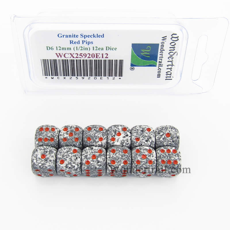 WCX25920E12 Granite Speckled Dice Red Pips D6 12mm Pack of 12 (ONLINE ORDER ONLY)