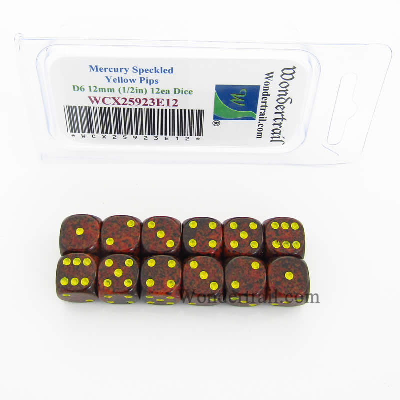 WCX25923E12 Mercury Speckled Dice Yellow Pips D6 12mm Pack of 12 (ONLINE ORDER ONLY)