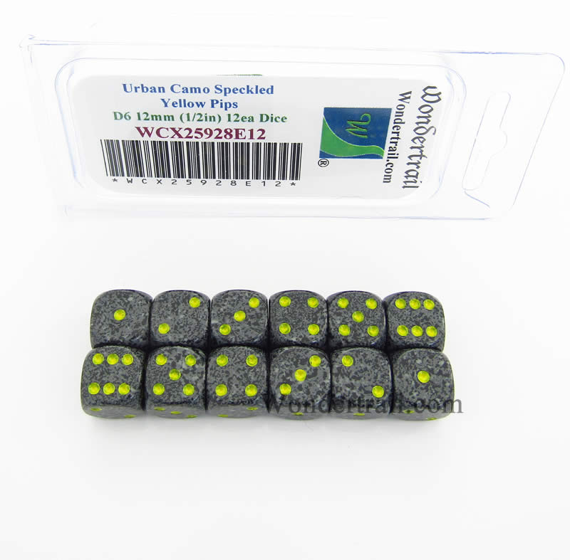 WCX25928E12 Urban Camo Speckled Dice Yellow Pips D6 12mm Pack of 12 (ONLINE ORDER ONLY)