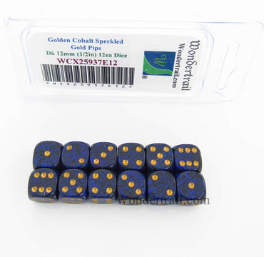 WCX25937E12 Golden Cobalt Speckled Dice Gold Pips D6 12mm Pack of 12 (ONLINE ORDER ONLY)