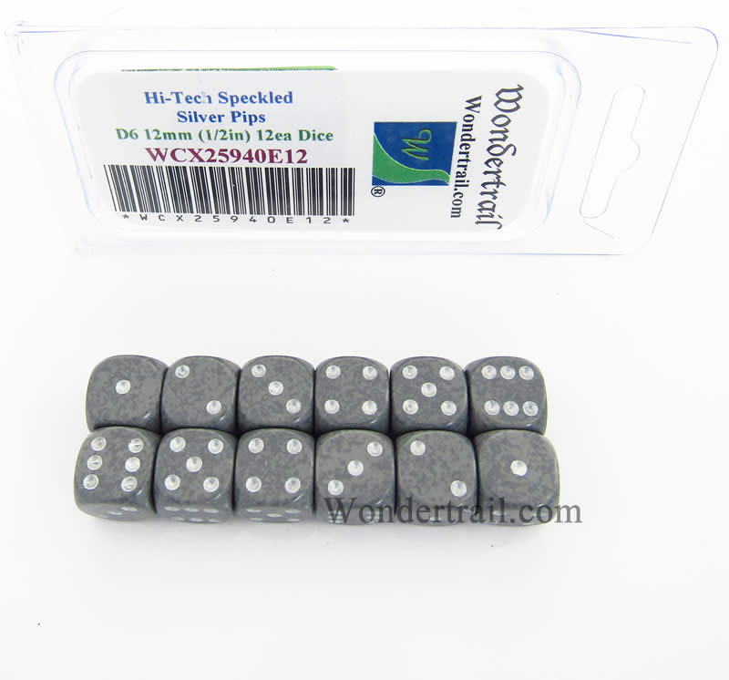 WCX25940E12 Hi Tech Speckled Dice Silver Pips D6 12mm Pack of 12 (ONLINE ORDER ONLY)