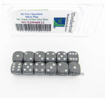 WCX25940E12 Hi Tech Speckled Dice Silver Pips D6 12mm Pack of 12 (ONLINE ORDER ONLY)