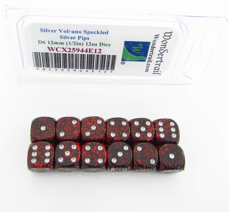 WCX25944E12 Silver Volcano Speckled Dice Silver Pips D6 12mm Pack of 12 (ONLINE ORDER ONLY)