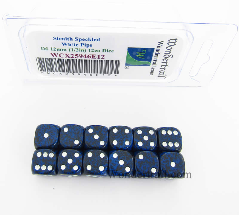 WCX25946E12 Stealth Speckled Dice White Pips D6 12mm Pack of 12 (ONLINE ORDER ONLY)