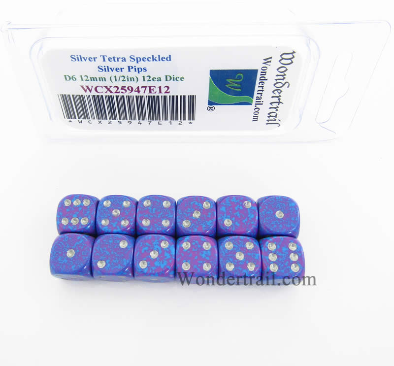 WCX25947E12 Silver Tetra Speckled Dice Silver Pips D6 12mm Pack of 12 (ONLINE ORDER ONLY)