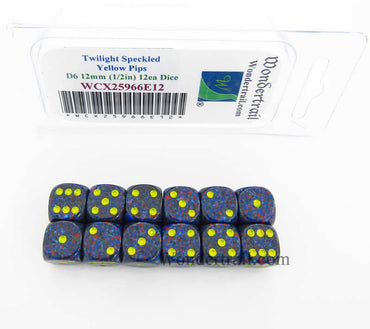 WCX25966E12 Twilight Speckled Dice Yellow Pips D6 12mm Pack of 12 (ONLINE ORDER ONLY)