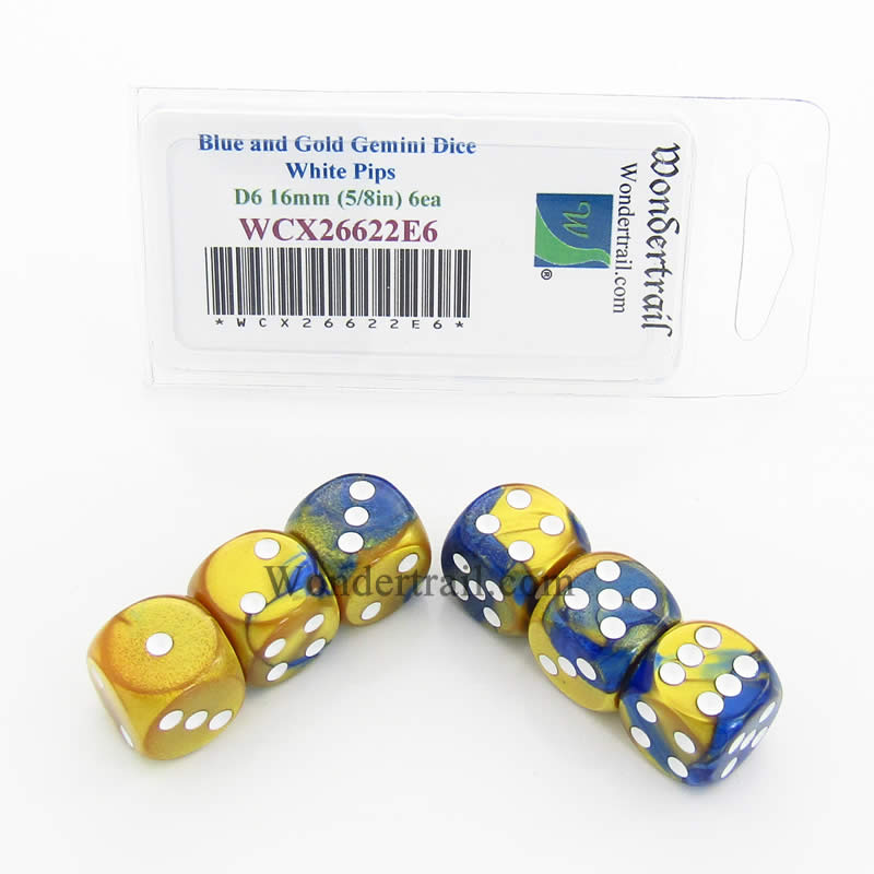 WCX26622E6 Blue Gold Gemini Dice White Pips D6 16mm Pack of 6 (ONLINE ORDER ONLY)