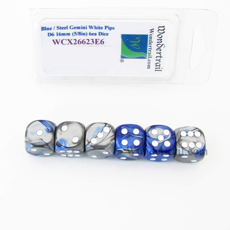 WCX26623E6 Blue Steel Gemini Dice White Pips D6 16mm Pack of 6 (ONLINE ORDER ONLY)