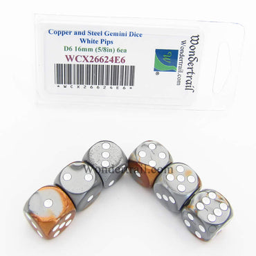 WCX26624E6 Copper Steel Gemini Dice White Pips D6 16mm Pack of 6 (ONLINE ORDER ONLY)