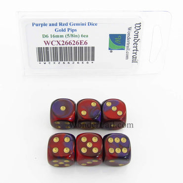 WCX26626E6 Purple Red Gemini Dice Gold Pips D6 16mm Pack of 6 (ONLINE ORDER ONLY)