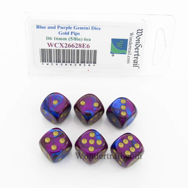 WCX26628E6 Blue Purple Gemini Dice Gold Pips D6 16mm Pack of 6 (ONLINE ORDER ONLY)