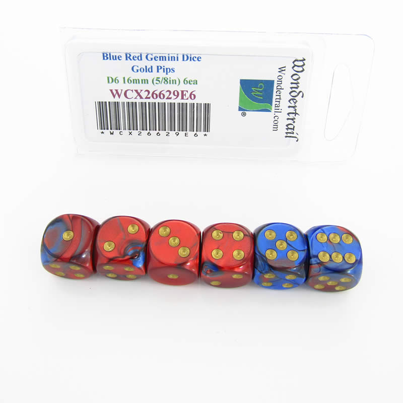 WCX26629E6 Blue Red Gemini Dice Gold Pips D6 16mm Pack of 6 (ONLINE ORDER ONLY)