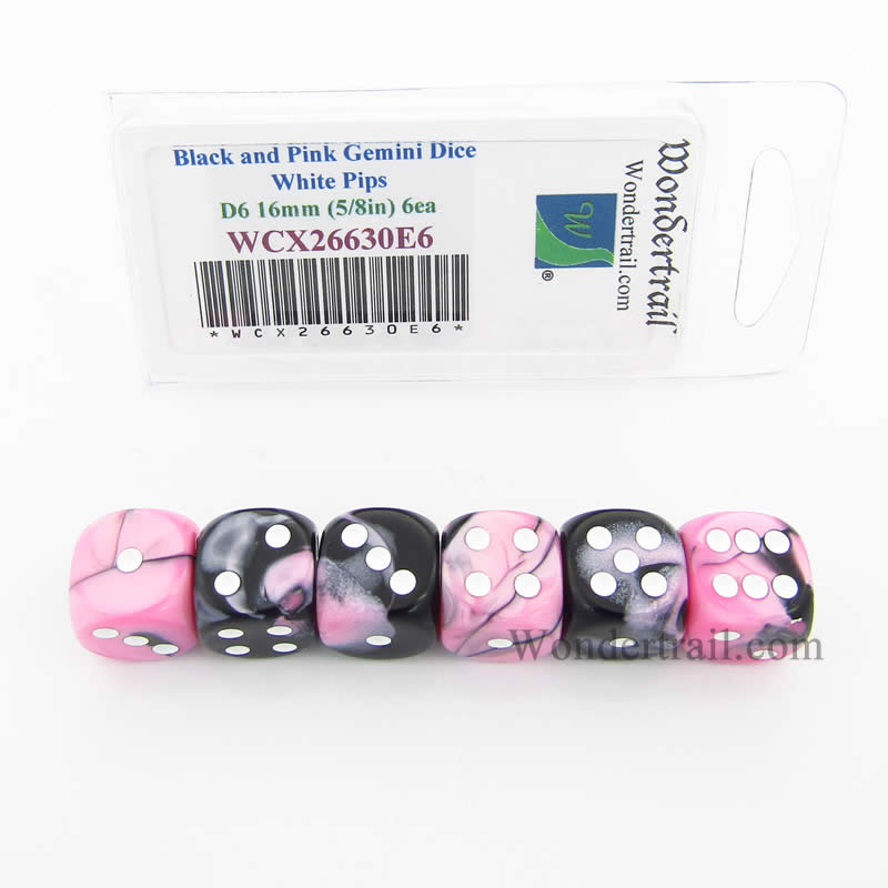 WCX26630E6 Black Pink Gemini Dice White Pips D6 16mm Pack of 6 (ONLINE ORDER ONLY)