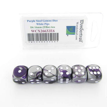 WCX26632E6 Purple Steel Gemini Dice White Pips D6 16mm Pack of 6 (ONLINE ORDER ONLY)