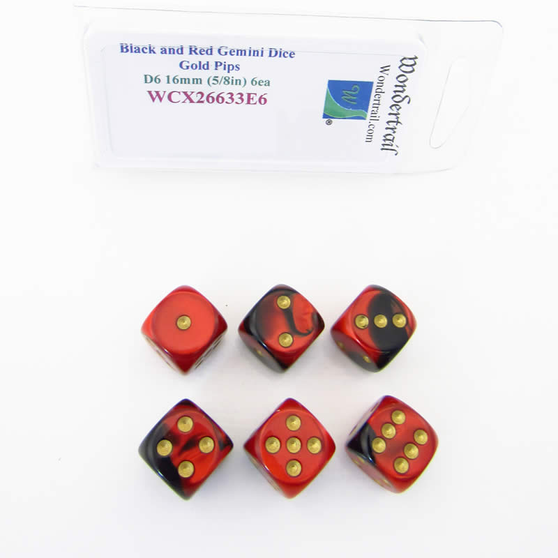 WCX26633E6 Black Red Gemini Dice Gold Pips D6 16mm Pack of 6 (ONLINE ORDER ONLY)