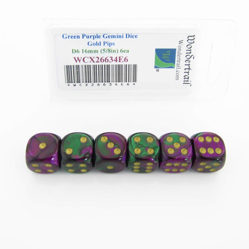 WCX26634E6 Green Purple Gemini Dice Gold Pips D6 16mm Pack of 6 (ONLINE ORDER ONLY)