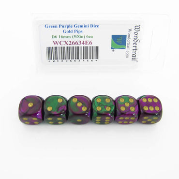 WCX26634E6 Green Purple Gemini Dice Gold Pips D6 16mm Pack of 6 (ONLINE ORDER ONLY)
