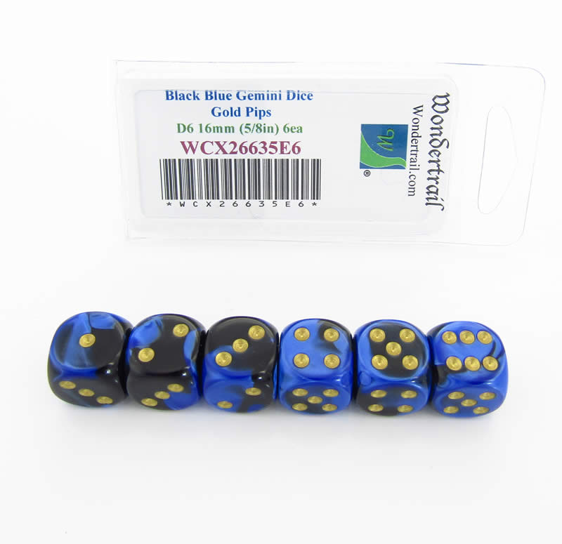WCX26635E6 Black Blue Gemini Dice Gold Pips D6 16mm Pack of 6 (ONLINE ORDER ONLY)