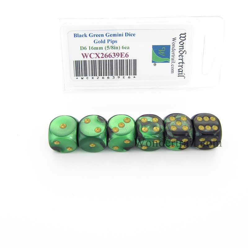 WCX26639E6 Black Green Gemini Dice Gold Pips D6 16mm Pack of 6 (ONLINE ORDER ONLY)