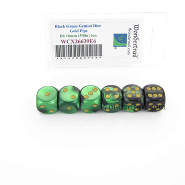 WCX26639E6 Black Green Gemini Dice Gold Pips D6 16mm Pack of 6 (ONLINE ORDER ONLY)