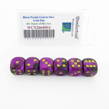 WCX26640E6 Black Purple Gemini Dice Gold Pips D6 16mm Pack of 6 (ONLINE ORDER ONLY)