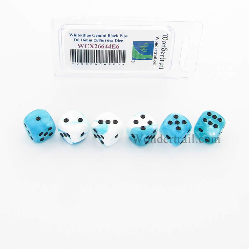 WCX26644E6 White Teal Gemini Dice Black Pips D6 16mm Pack of 6 (ONLINE ORDER ONLY)