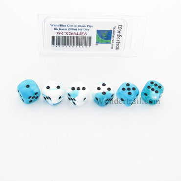 WCX26644E6 White Teal Gemini Dice Black Pips D6 16mm Pack of 6 (ONLINE ORDER ONLY)