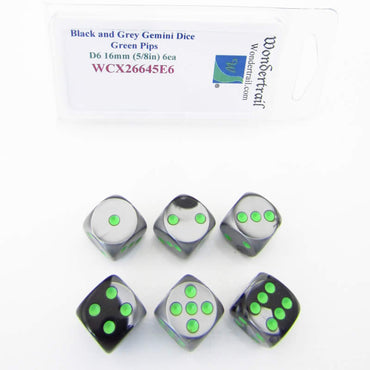 WCX26645E6 Black Grey Gemini Dice Green Pips D6 16mm Pack of 6 (ONLINE ORDER ONLY)