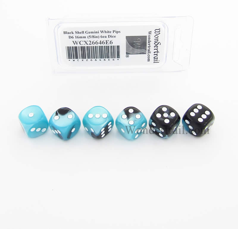 WCX26646E6 Black Shell Gemini Dice White Pips D6 16mm Pack of 6 (ONLINE ORDER ONLY)