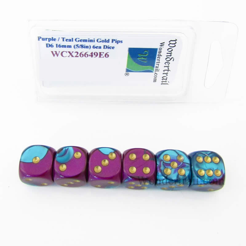 WCX26649E6 Purple Teal Gemini Dice Gold Pips D6 16mm Pack of 6 (ONLINE ORDER ONLY)