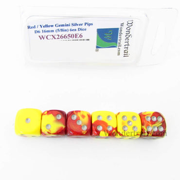 WCX26650E6 Red Yellow Gemini Dice Silver Pips D6 16mm Pack of 6 (ONLINE ORDER ONLY)
