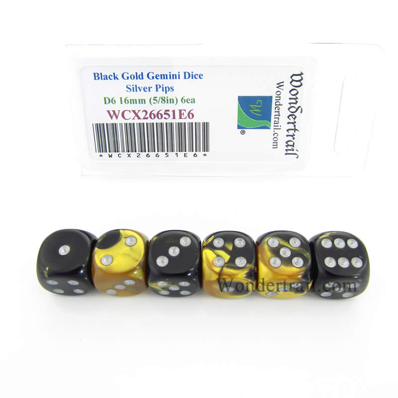 WCX26651E6 Black Gold Gemini Dice Silver Pips D6 16mm Pack of 6 (ONLINE ORDER ONLY)