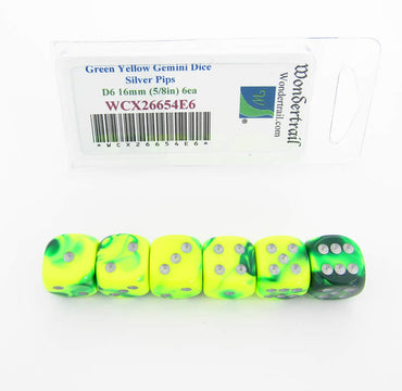 WCX26654E6 Green Yellow Gemini Dice Silver Pips D6 16mm Pack of 6 (ONLINE ORDER ONLY)